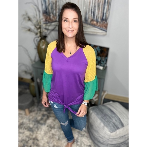 Mardi Gras Color Block Swiss Dot Flutter Bell Sleeves V Neck Tie Bottom 0724 - Picture 9 of 17